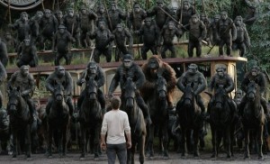 Jason Clarke with a bunch of apes